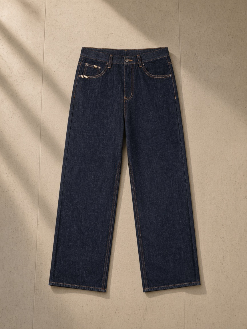 Heavyweight Straight-Leg Denim Jeans in Navy Blue, laid flat on pale limestone