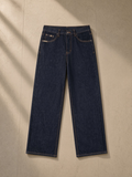 Heavyweight Straight-Leg Denim Jeans in Navy Blue, laid flat on pale limestone