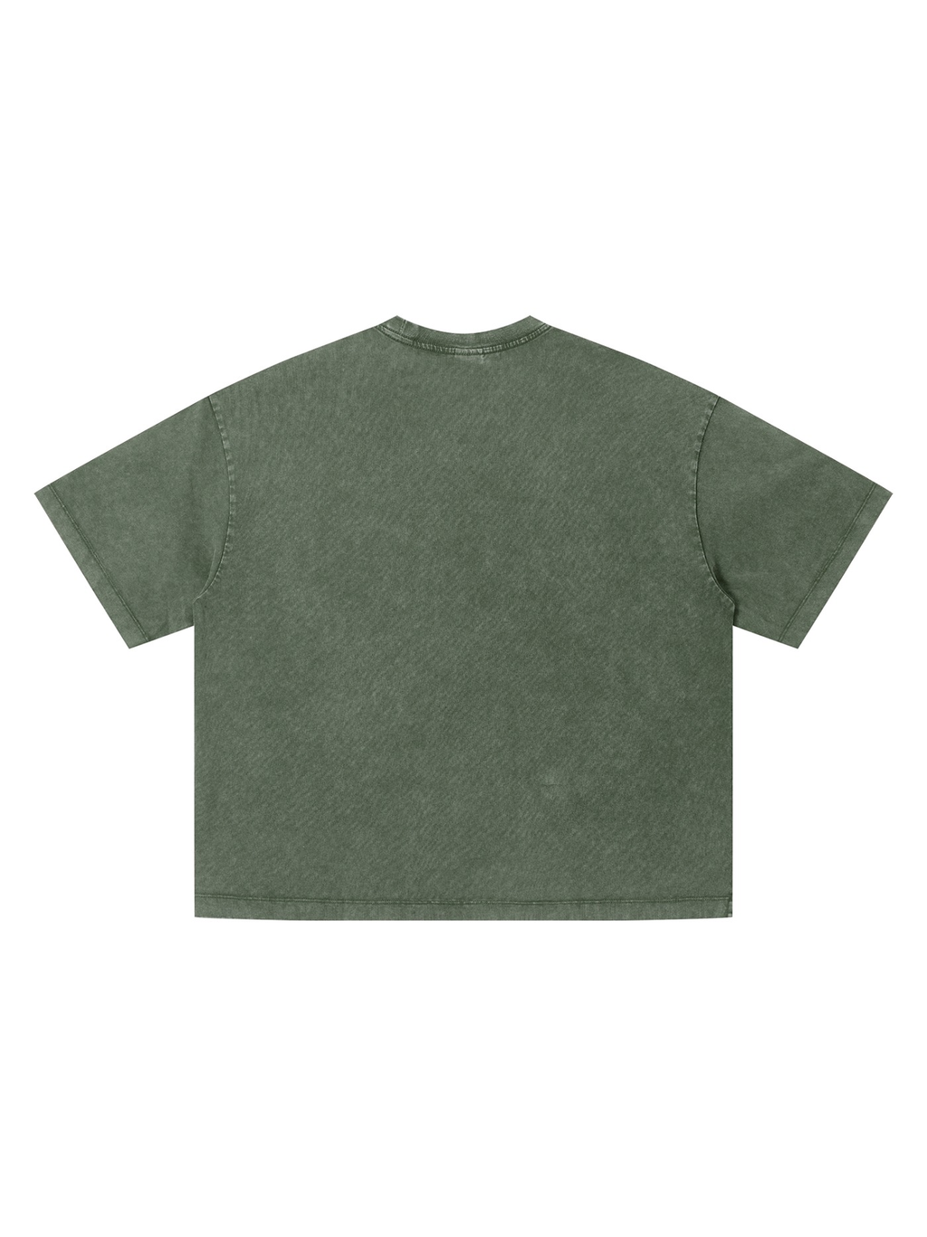 Unisex vintage wash boxy t-shirt in Army Green, back view on white. Marcel Afters