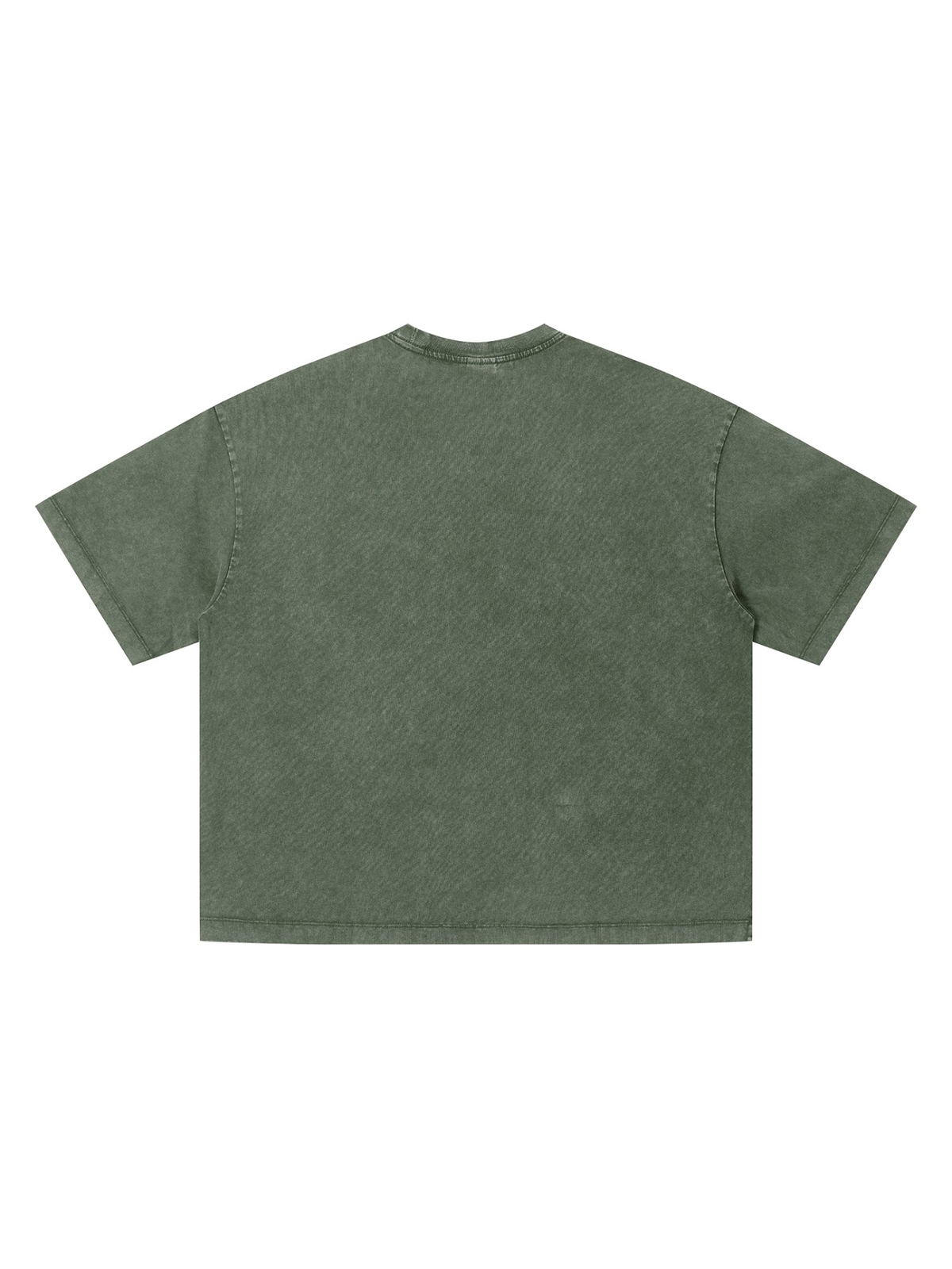 Unisex vintage wash boxy t-shirt in Army Green, back view on white. Marcel Afters
