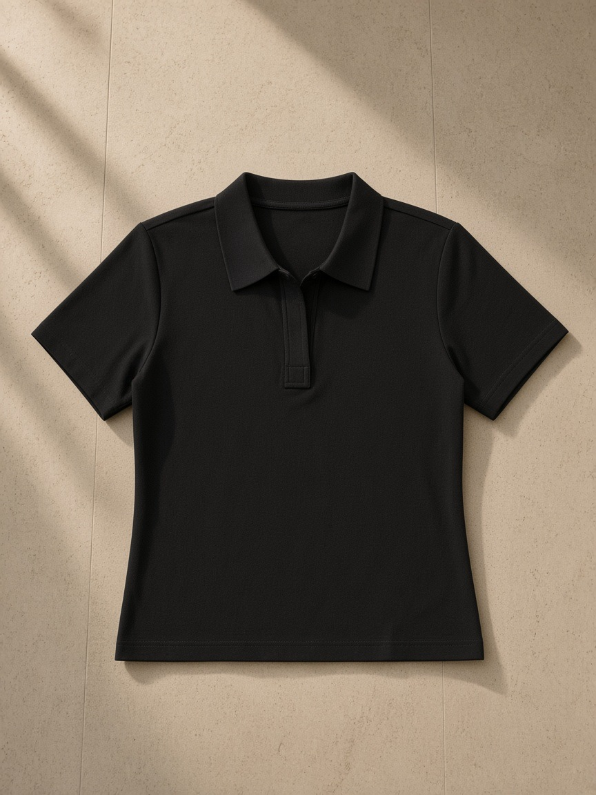 Bodycon Short Sleeve Polo Shirt in Black, laid flat on pale limestone