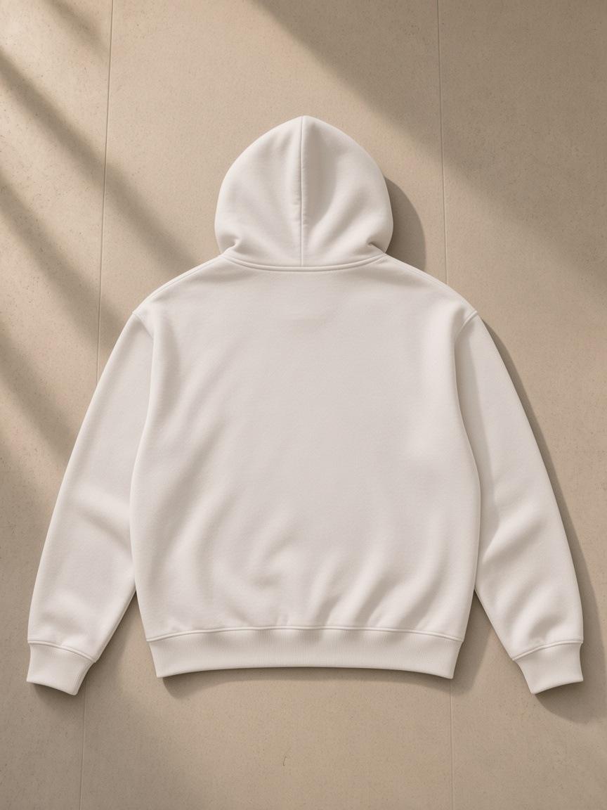 Contrast drawstring hoodie in White, laid flat on pale limestone, back view