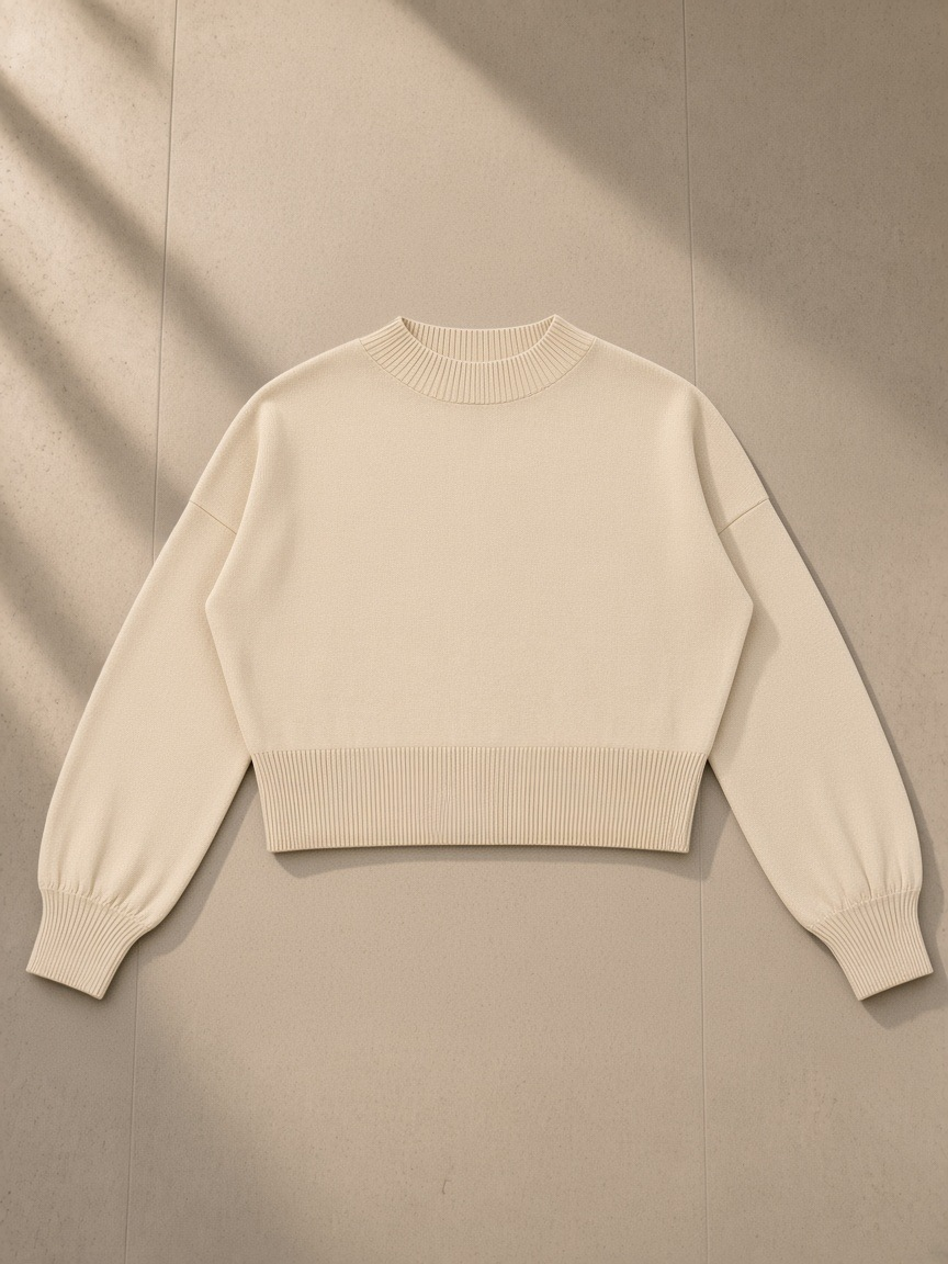 Women's Balloon Sleeve Cropped Sweater in Apricot, laid flat on pale limestone