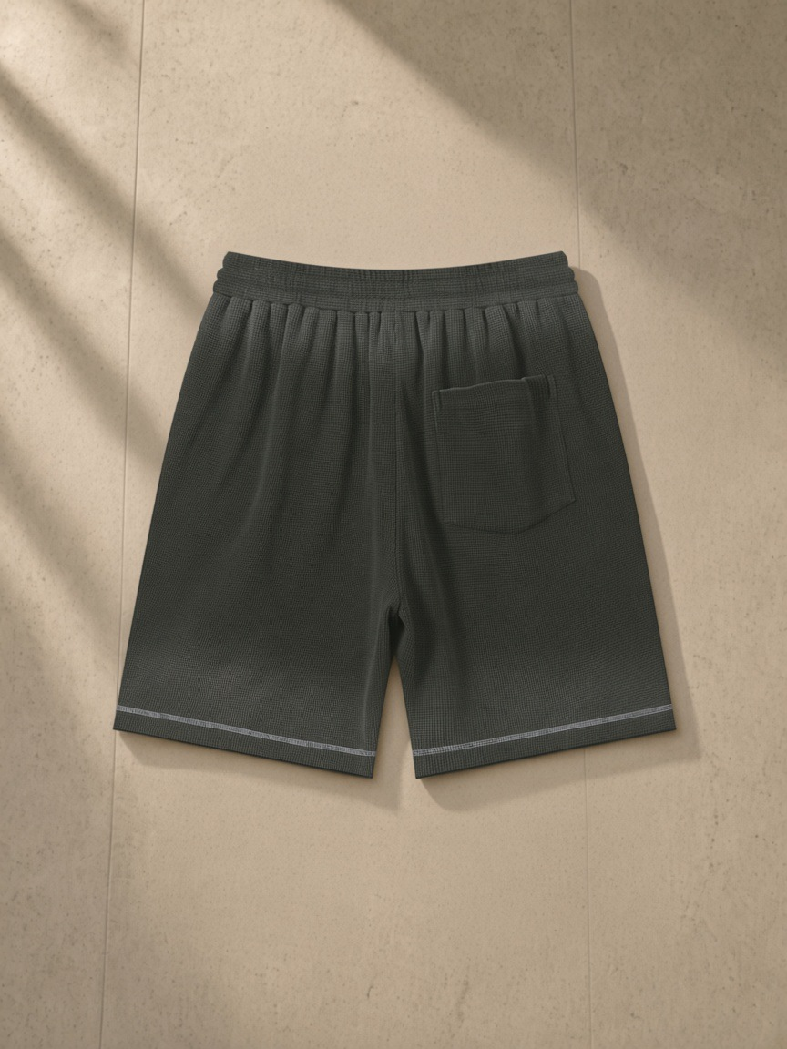 Sunfade Waffle Raw Hem Shorts in Gray Green, laid flat on pale limestone, back.