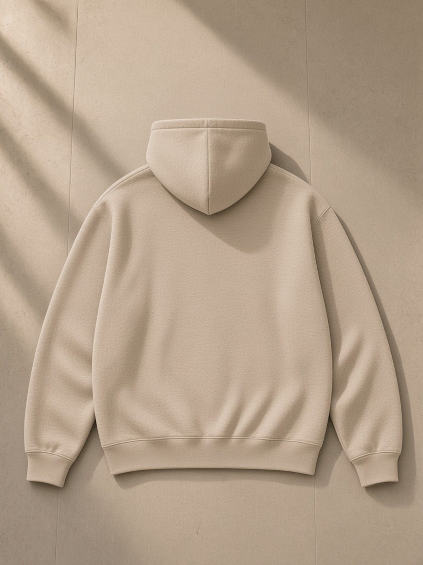 Fleeced high neck hoodie in Oat Gray, laid flat on pale limestone, back view