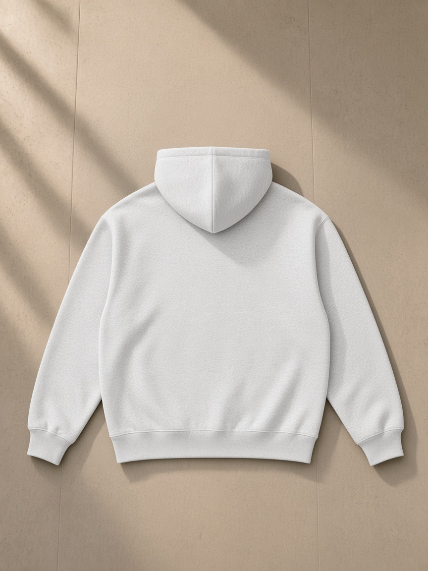 Essential heavyweight pocket hoodie in Oat Gray, laid flat on pale limestone, back view
