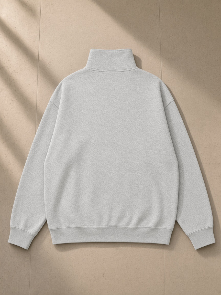Quarter-Zip Drop Shoulder Sweatshirt in Flower Gray, laid flat on pale limestone, back view