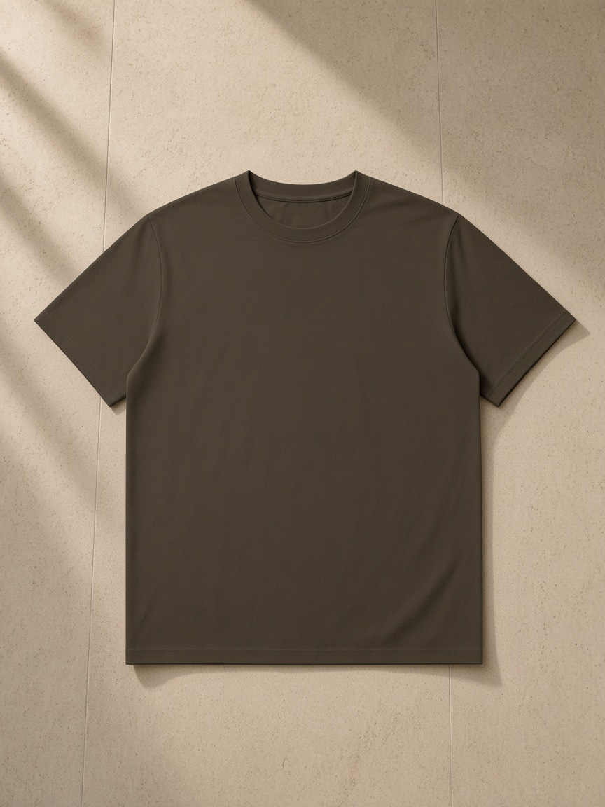 Sorona Quick-Dry Boxy T-Shirt in Coffee, laid flat on pale limestone