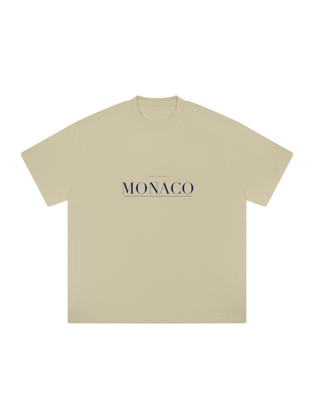 Monaco Heavyweight Drop Shoulder T-Shirt by Marcel Afters in Pale Khaki, front view with the printed artwork, on white