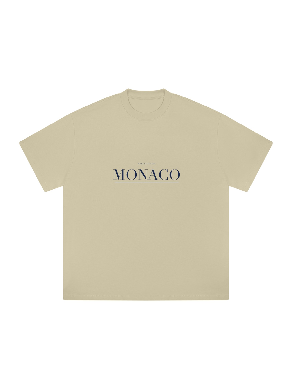 Monaco Heavyweight Drop Shoulder T-Shirt by Marcel Afters in Pale Khaki, front view with the printed artwork, on white