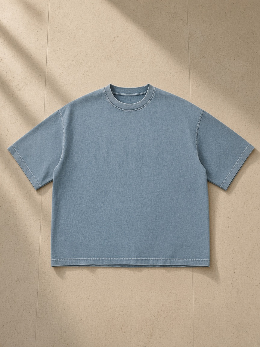 Vintage Wash Boxy T-Shirt in Blue, laid flat on pale limestone
