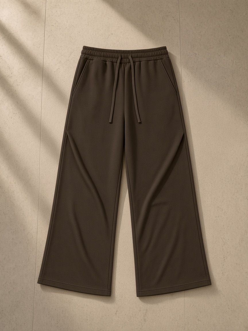 Wide Leg Drawstring Sweatpants in Brown, laid flat on pale limestone