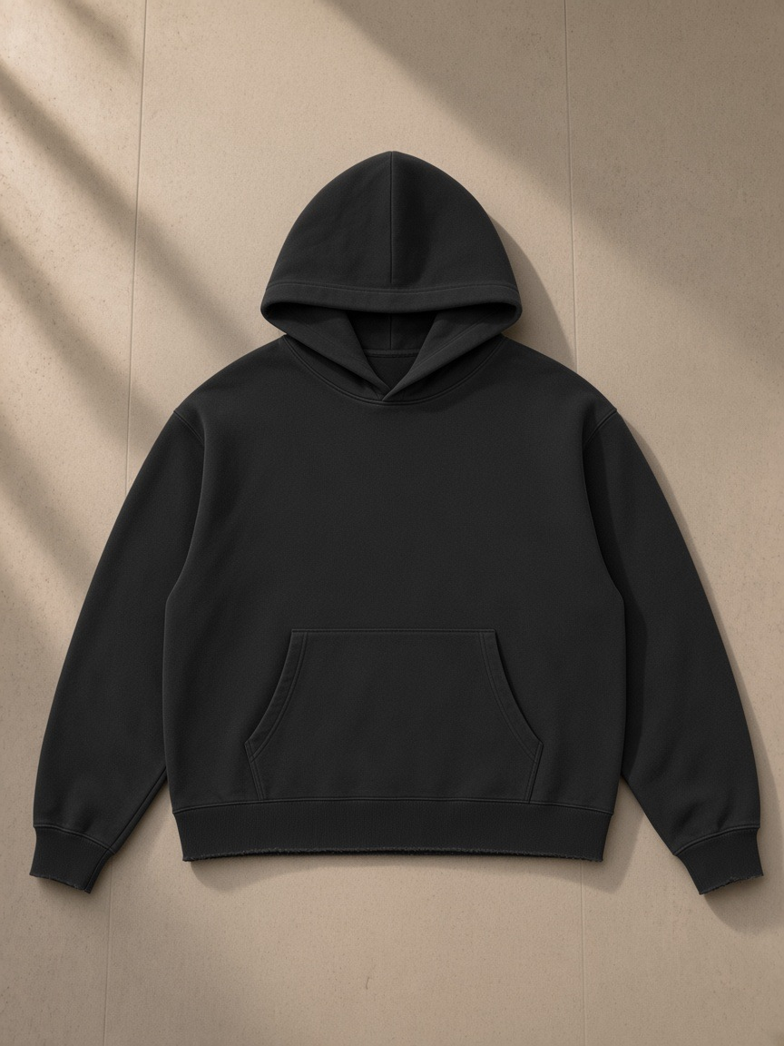 Vintage wash raw edge boxy hoodie in Black, laid flat on pale limestone