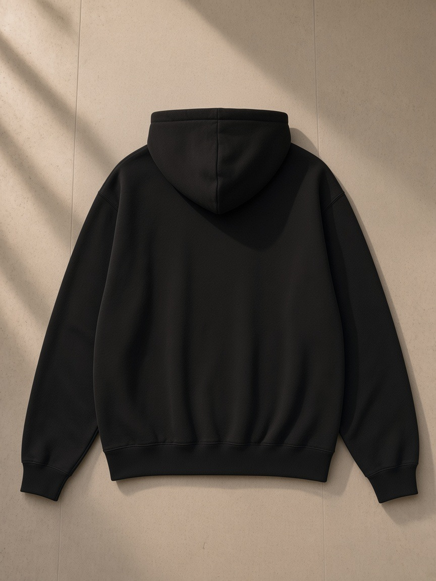 Unisex oversized heavyweight hoodie in Black on a wooden hanger on a wardrobe door in a Tokyo hotel suite over the city lights at night