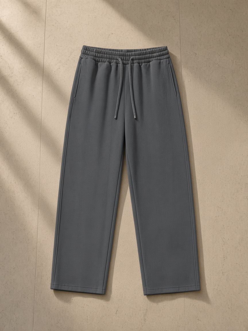 Waffle barrel leg pants in Dark Gray, laid flat on pale limestone