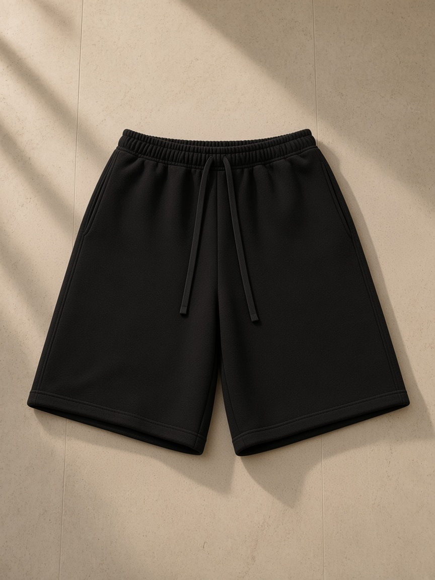 Essential heavyweight fleece shorts in Black, laid flat on pale limestone