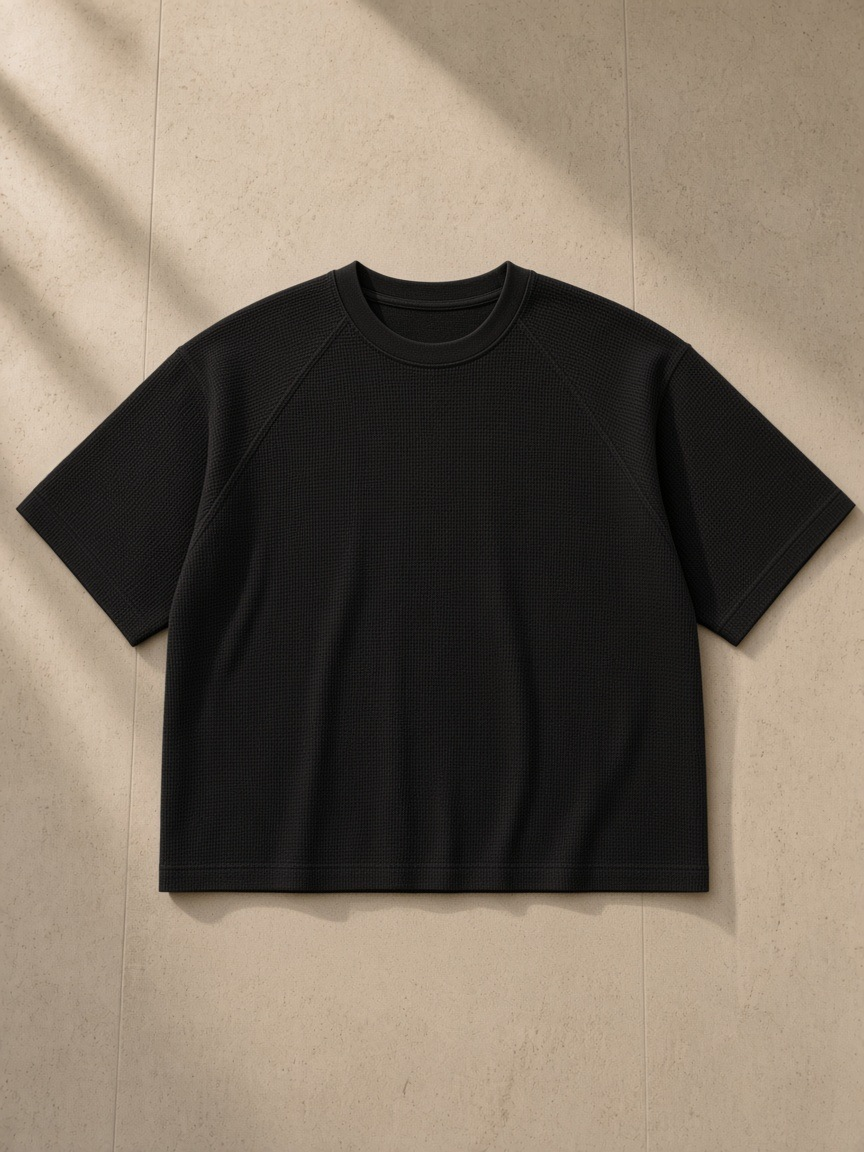 Unisex mineral wash boxy waffle t-shirt in Black, laid flat on pale limestone