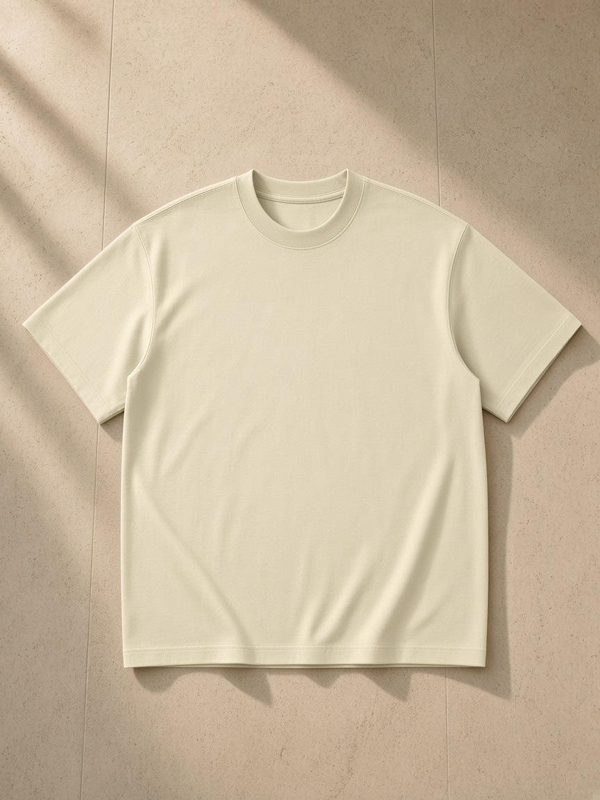 Loose fit crewneck t-shirt in Apricot, laid flat on pale limestone