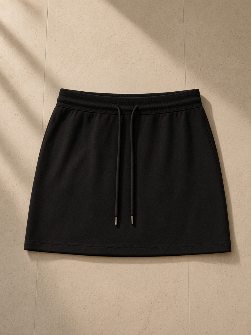 Women's drawstring skirt in Black, laid flat on pale limestone