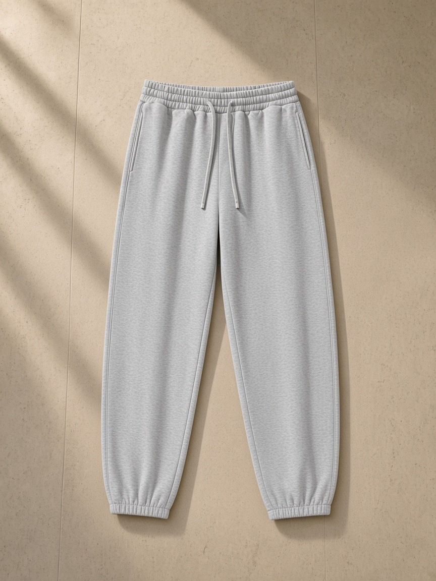 Women's Heavyweight Fleece Joggers in Flower Gray, laid flat on pale limestone