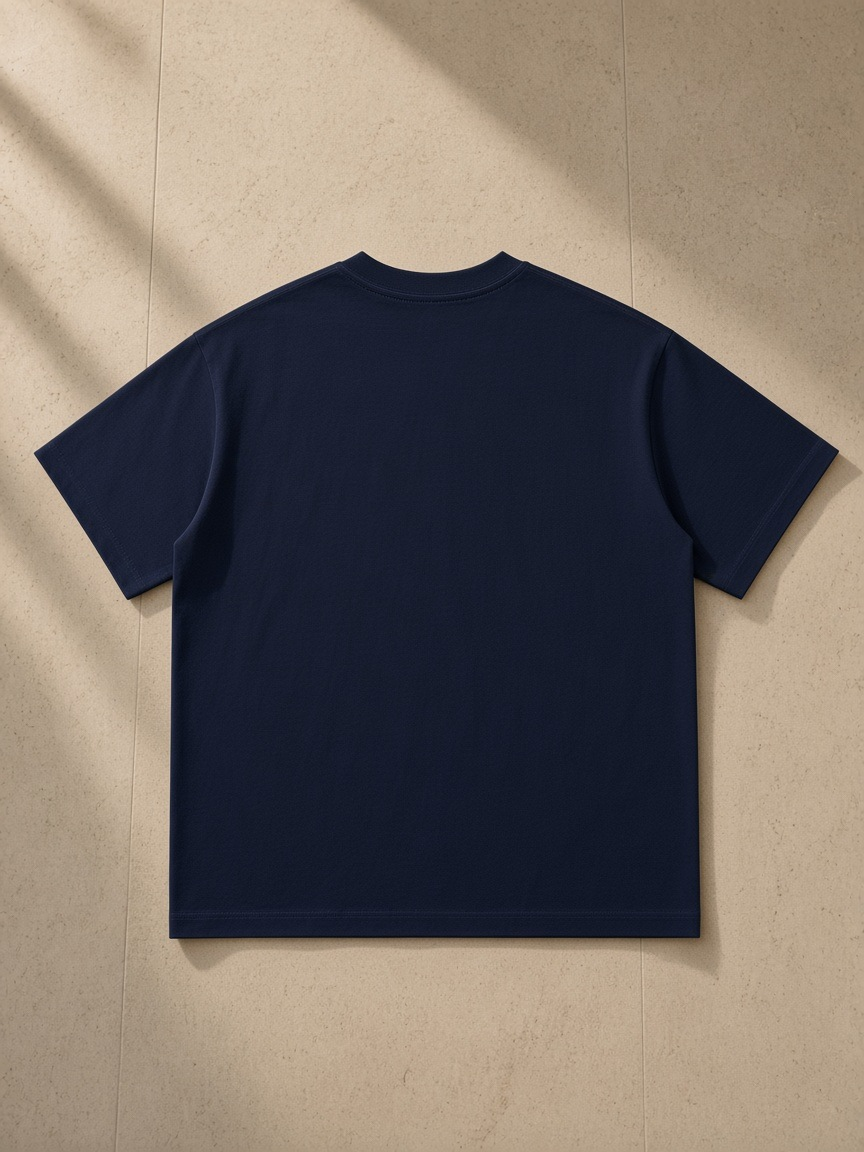 Women's Oversized T-Shirt in Navy Blue, laid flat on pale limestone, back view