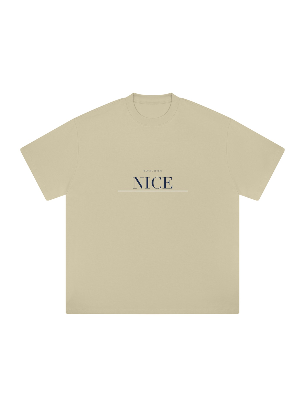 Nice Heavyweight Drop Shoulder T-Shirt by Marcel Afters in Pale Khaki, front view with the printed artwork, on white