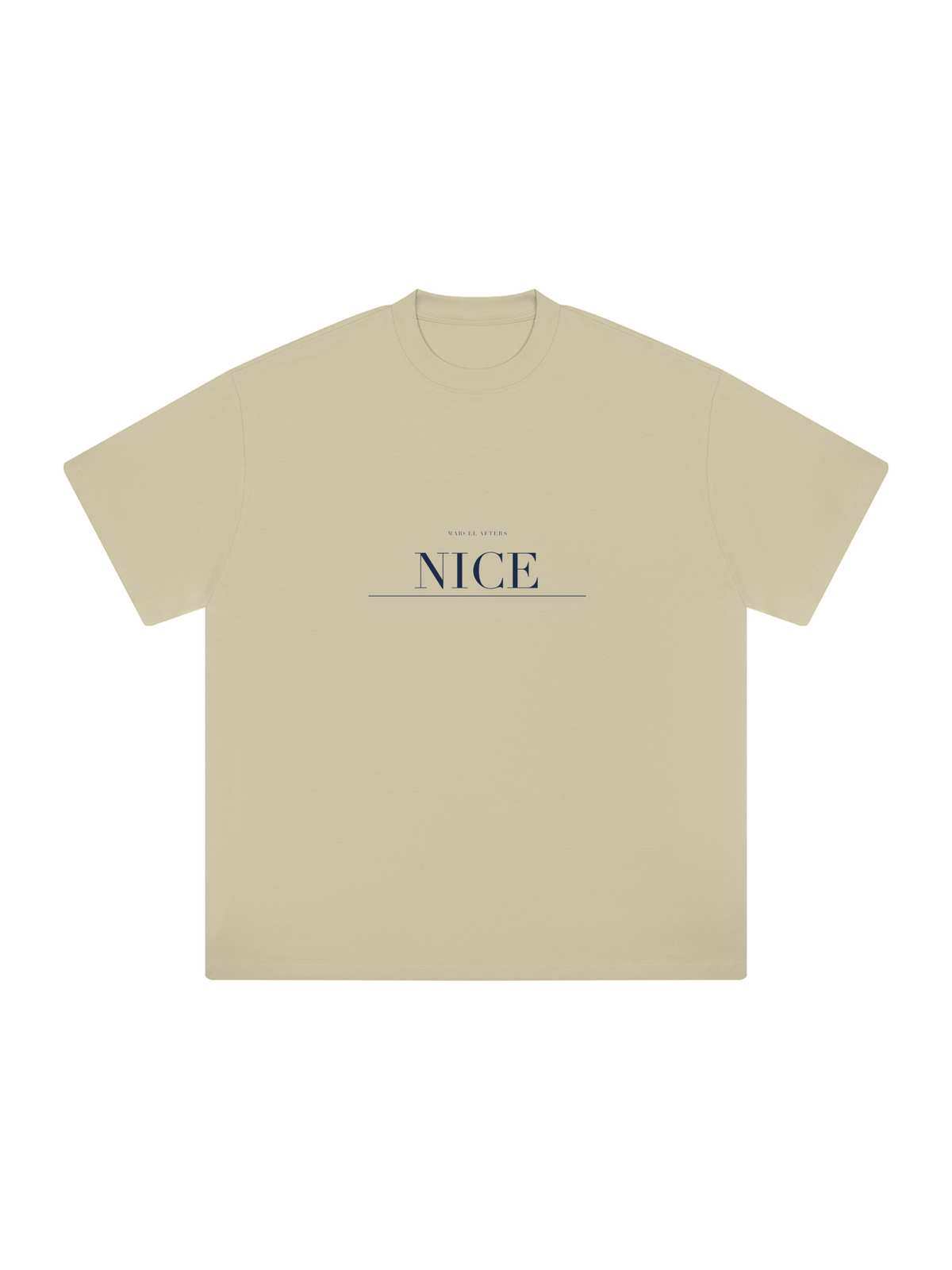 Nice Heavyweight Drop Shoulder T-Shirt by Marcel Afters in Pale Khaki, front view with the printed artwork, on white