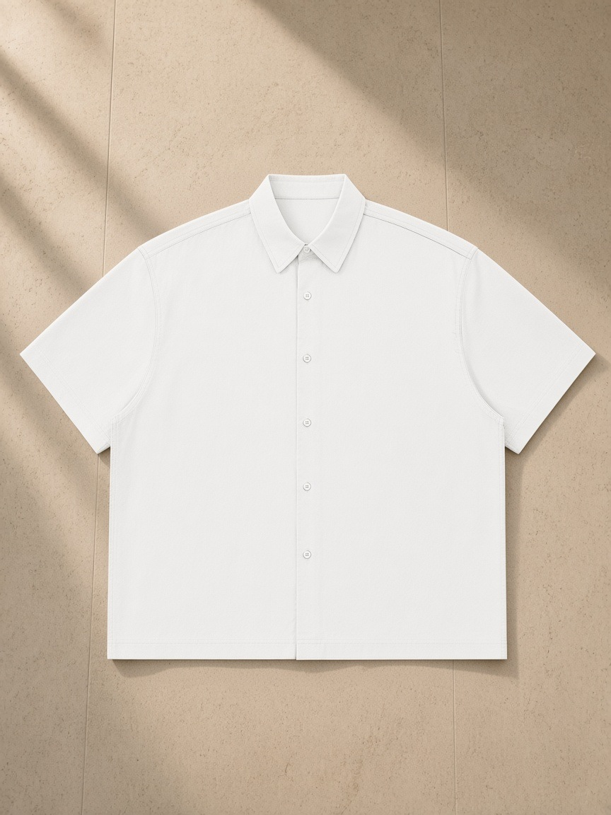 Lightweight Cotton Short Sleeve Shirt in White, laid flat on pale limestone