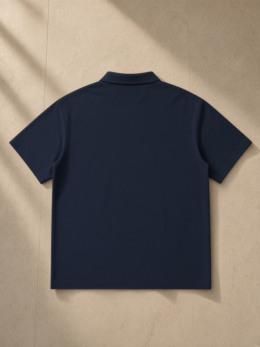 Quarter-Zip Knit Polo in Navy Blue, laid flat on pale limestone, back view