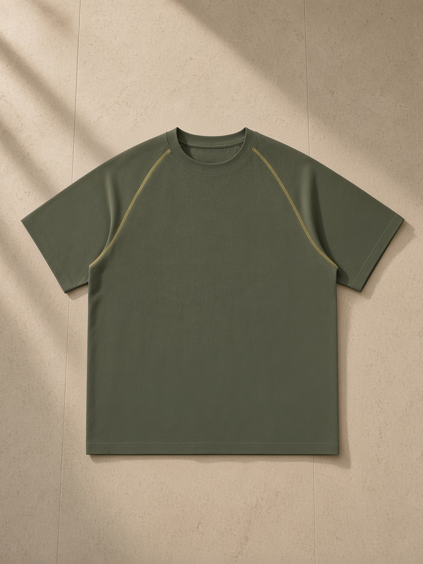 Unisex contrast stitch raglan t-shirt in Army Green, laid flat on pale limestone