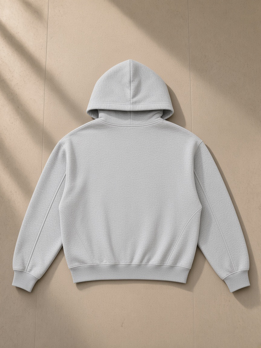 Unisex contrast-stitched boxy fleece hoodie in Flower Gray, laid flat on pale limestone, back view