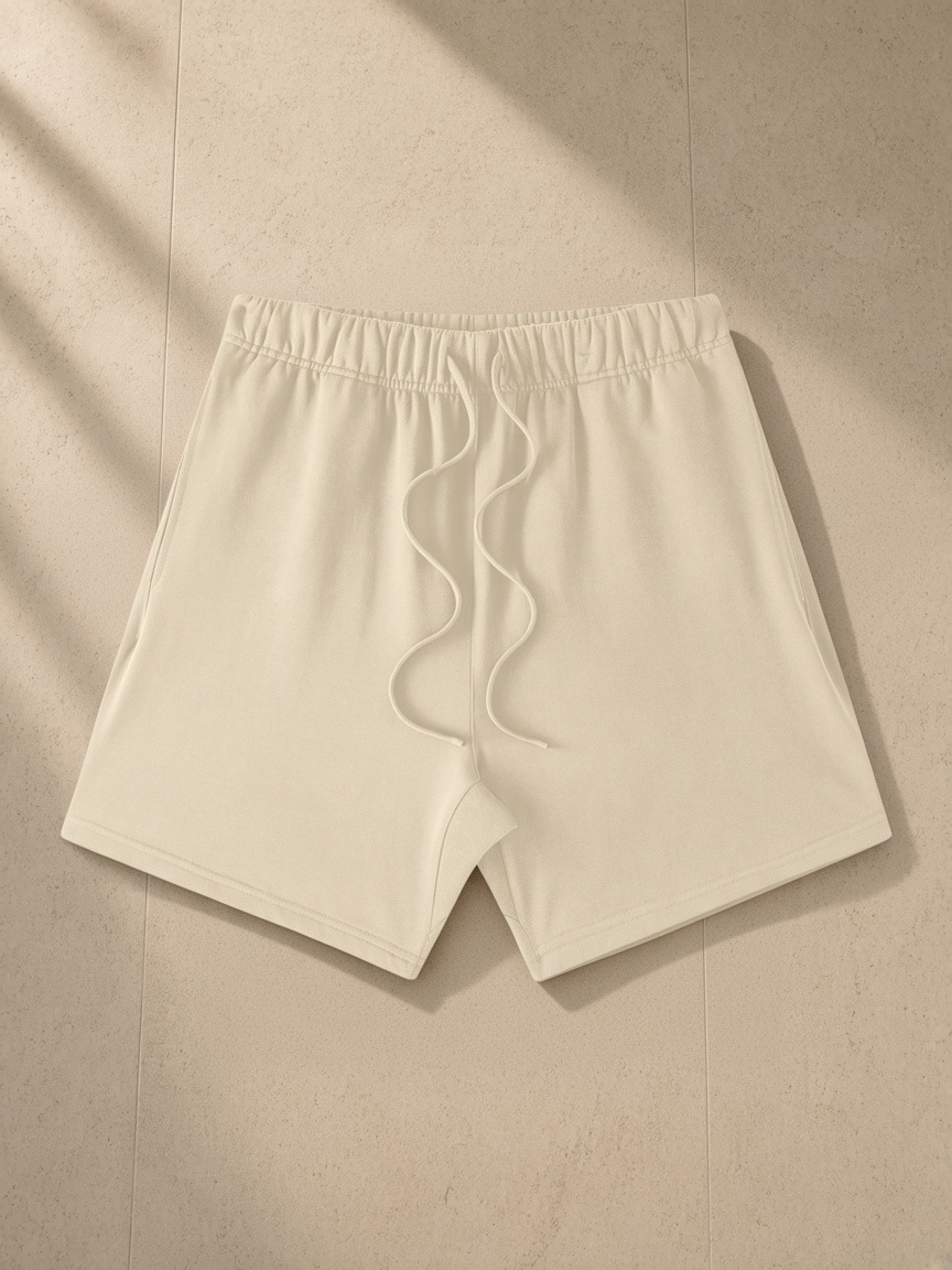 Earth Tone Loose Fit Cotton Shorts in Milk Tea, laid flat on pale limestone