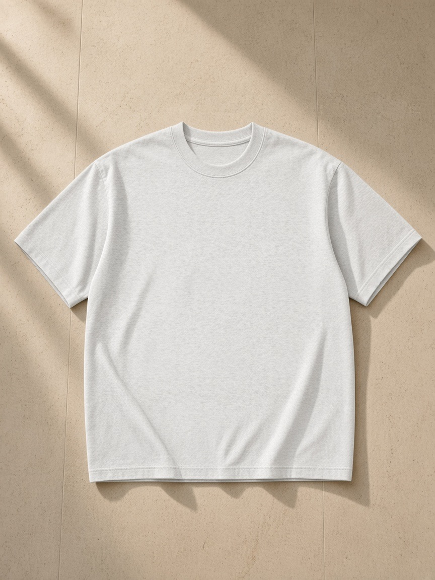 Men's heavyweight earth tone t-shirt in Oat Gray, laid flat on pale limestone