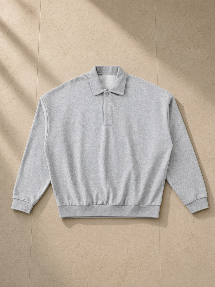 Heavyweight Fleece Polo Sweatshirt in Flower Gray, laid flat on pale limestone, front.