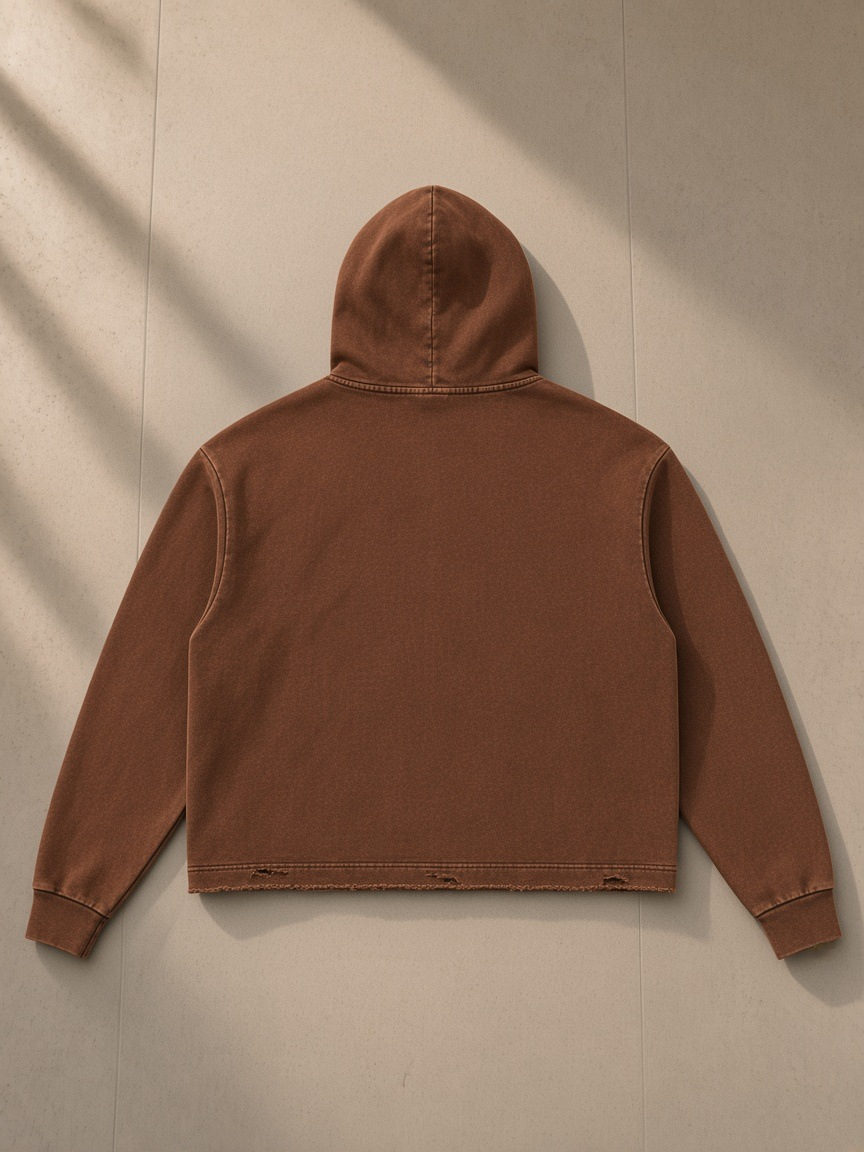 Vintage washed frayed-hem hoodie in Brown, laid flat on pale limestone, back view