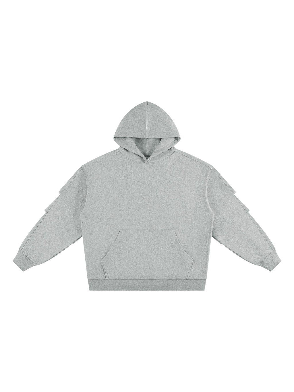 Unisex heavyweight ruched sleeves hoodie in Flower Gray, front view on white. Marcel Afters