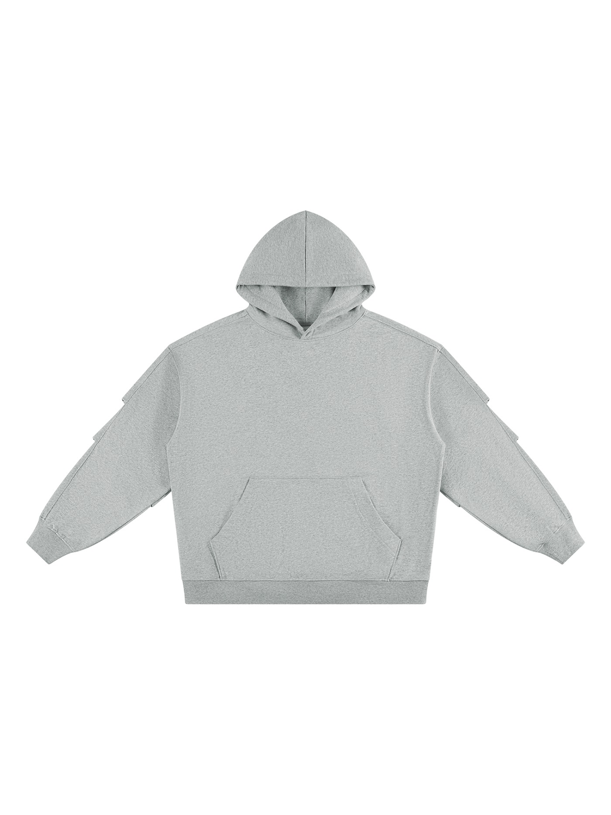 Unisex heavyweight ruched sleeves hoodie in Flower Gray, front view on white. Marcel Afters