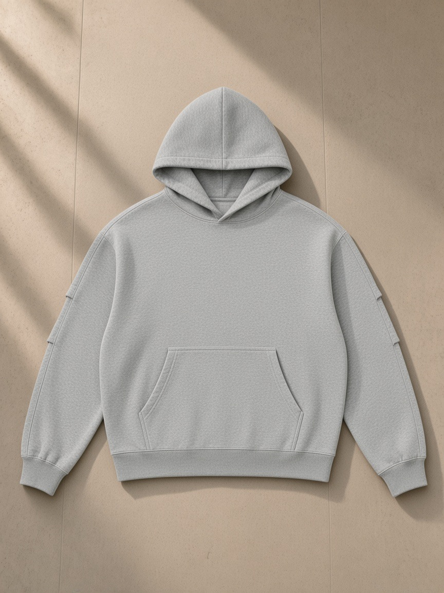 Unisex heavyweight ruched sleeves hoodie in Flower Gray, laid flat on pale limestone
