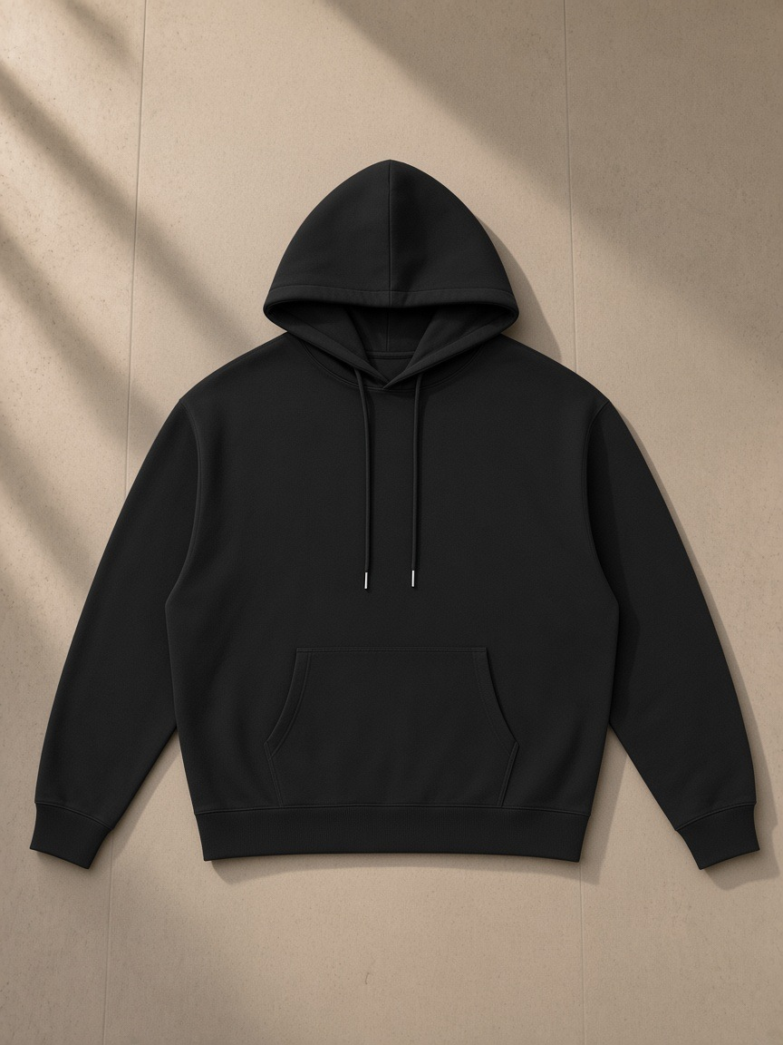 Relaxed Pullover Hoodie in Black, laid flat on pale limestone