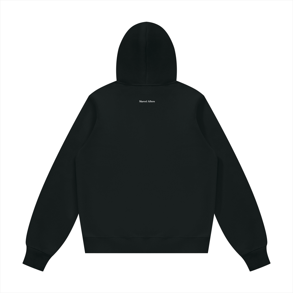 Unisex fleece regular shoulder hoodie in Black, back view on white. Marcel Afters