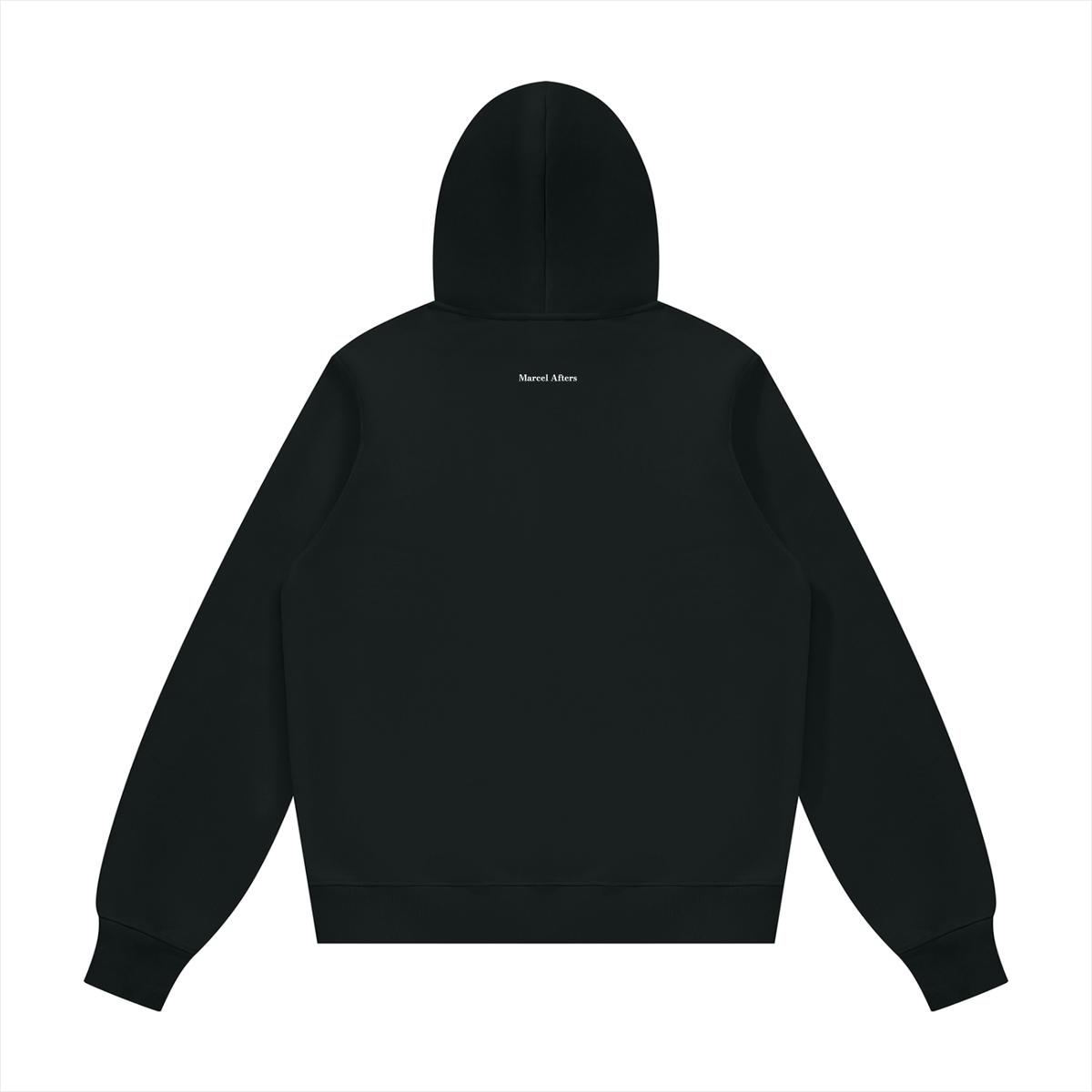 Unisex fleece regular shoulder hoodie in Black, back view on white. Marcel Afters