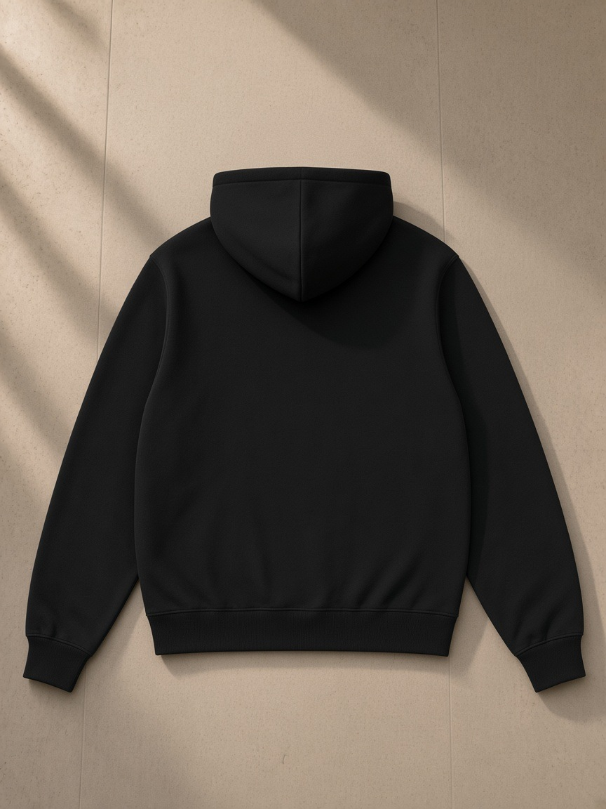 Unisex fleece regular shoulder hoodie in Black, laid flat on pale limestone, back view