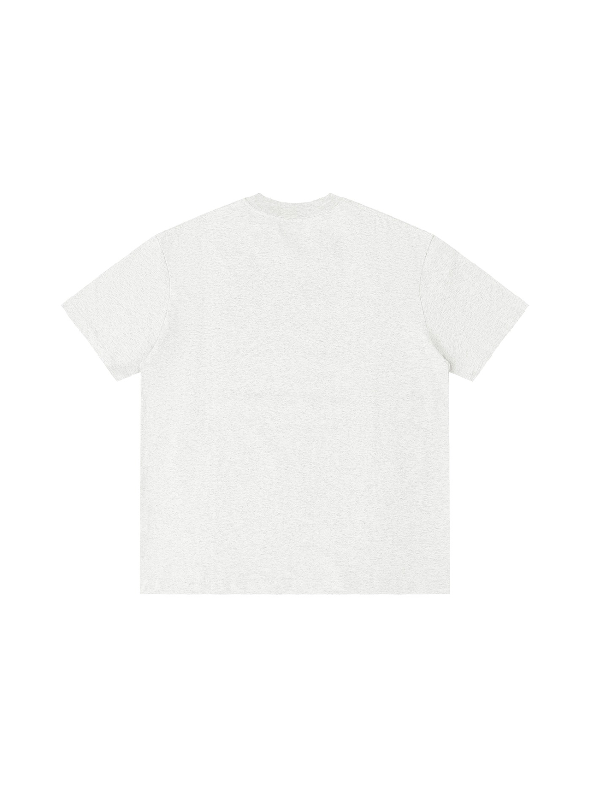 Unisex vintage wash distressed t-shirt in Oat Gray, back view on white. Marcel Afters