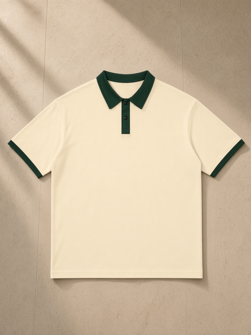 Unisex color block polo shirt in Apricot with Dark Green, laid flat on pale limestone