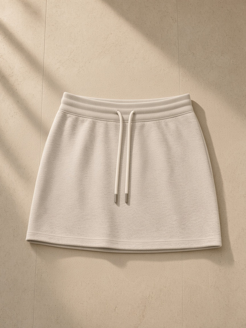 Women's drawstring skirt in Oat Gray folded on a turned-down linen bed in a Marfa, Texas guesthouse at night