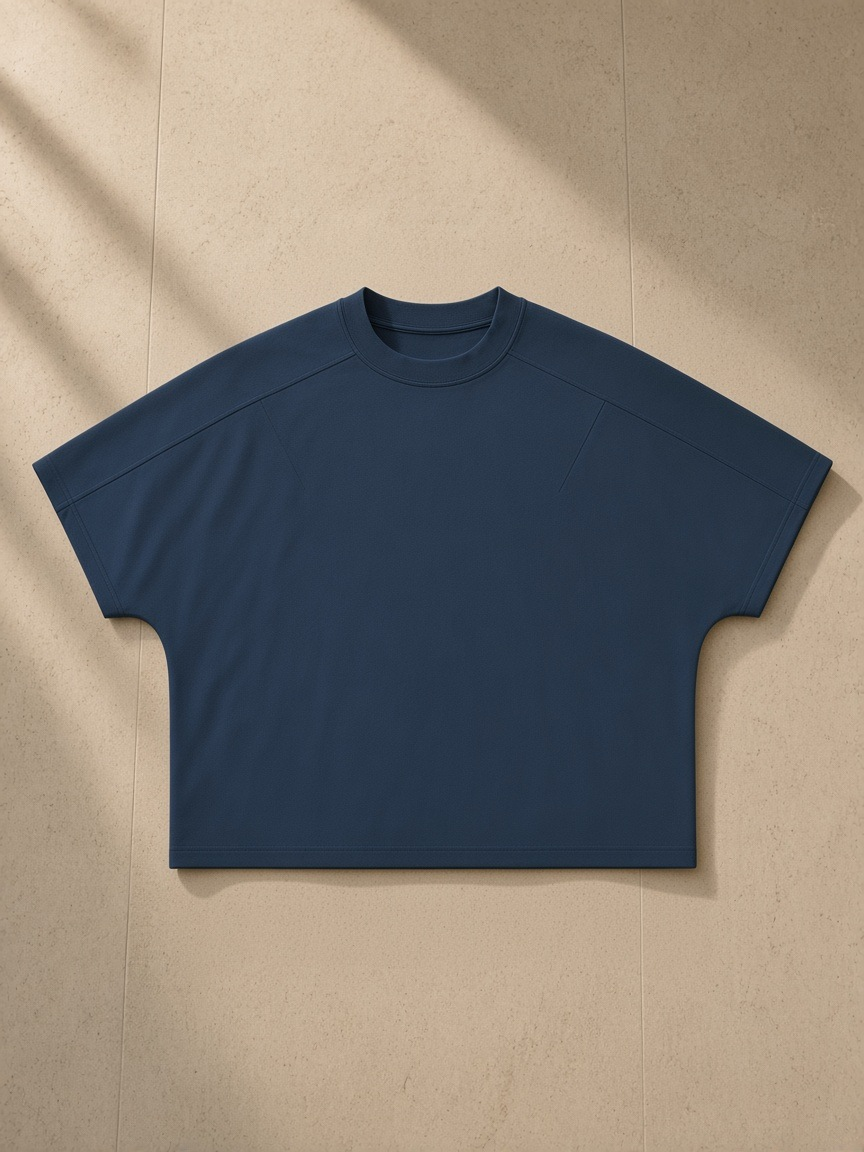 Unisex boxy tonal paneling t-shirt in Navy Blue, laid flat on pale limestone