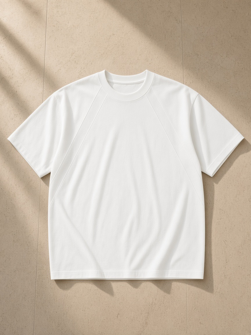 Tonal Paneled Performance T-Shirt in White, laid flat on pale limestone