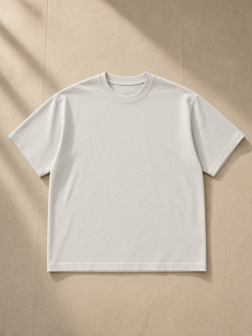 Unisex cotton boxy t-shirt in Oat Gray, front view on white. Marcel Afters