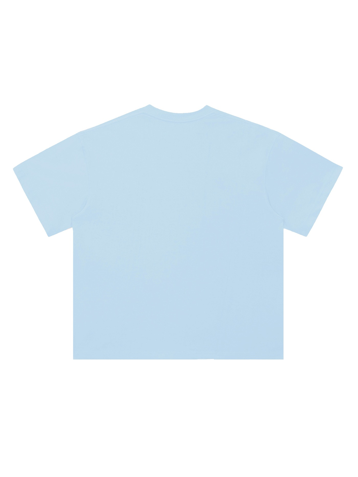 Unisex heavyweight drop shoulder cotton t-shirt in Light Blue, back view on white. Marcel Afters