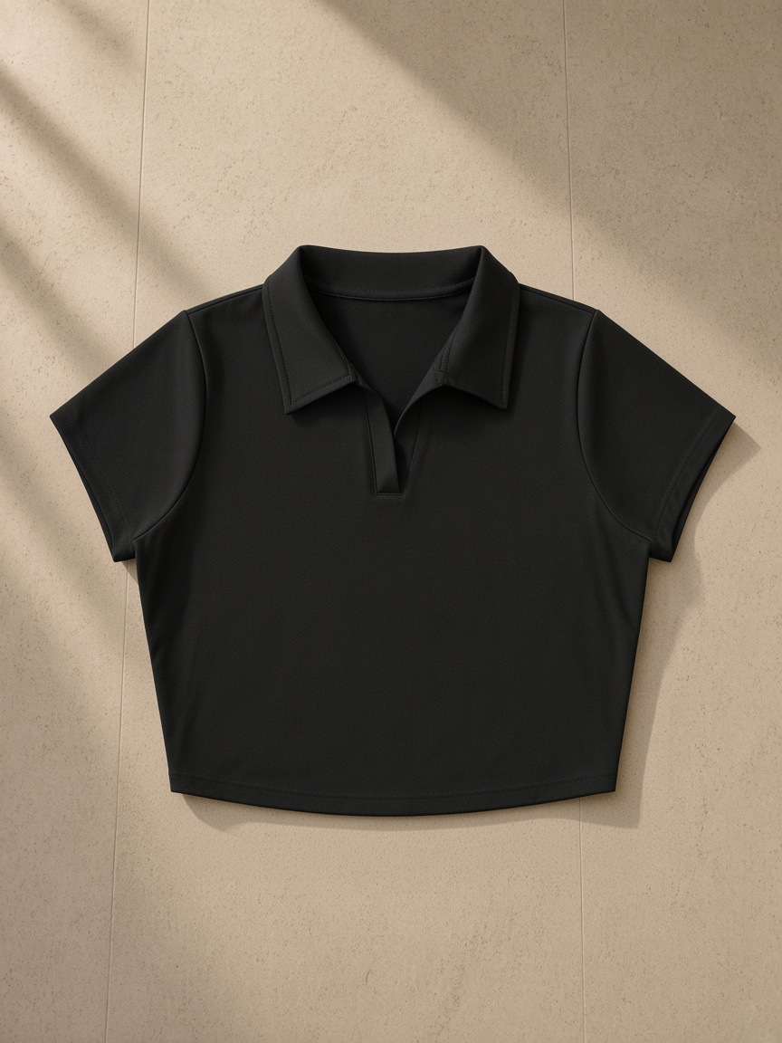 V-Neck Lapel Crop Top in Black, laid flat on pale limestone